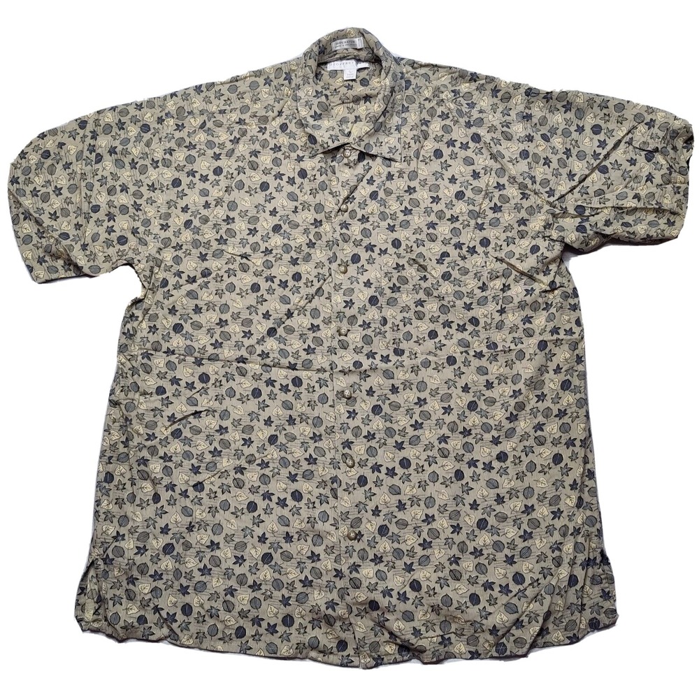 VTG GEOFFREY BEENE Men Large Rayon TREE LEAF GEO Print‎ Camp Shirt